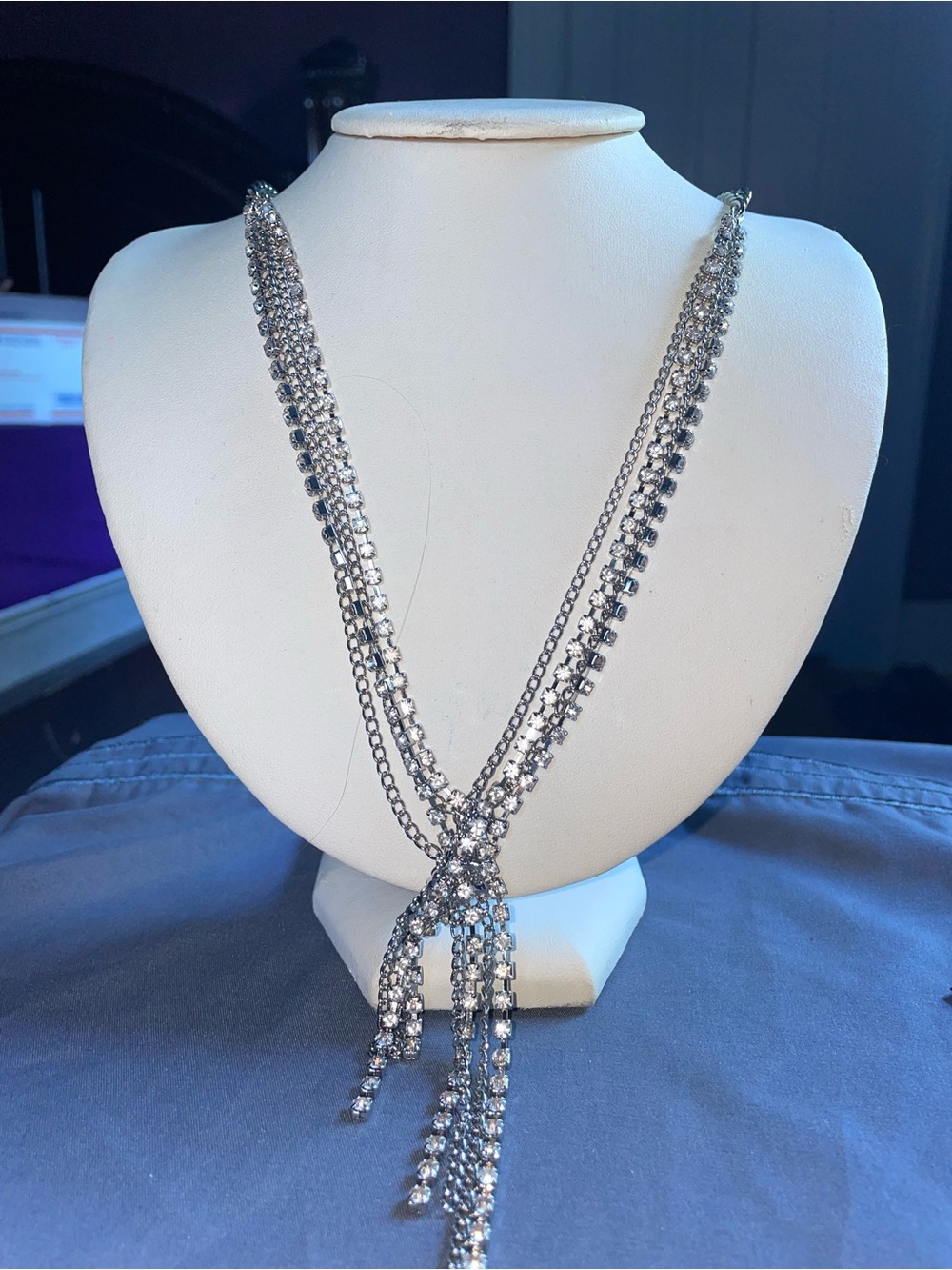 Material Girl Silver-Tone Multi-Strand Crystal Lariat Necklace